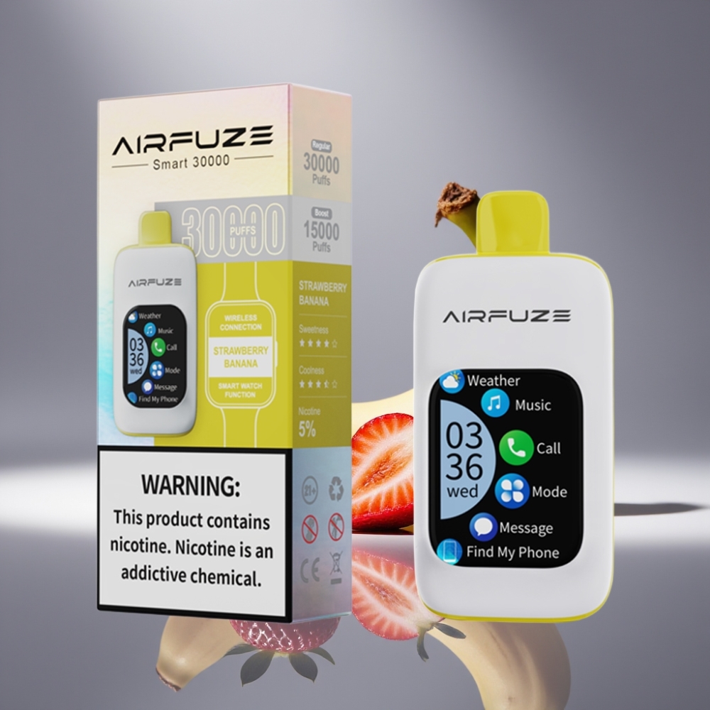 AirFuze Smart 30000 Puffs Engangs Vape Jordbær Banan 5% Nikotin 900mAh Type-C Skjerm